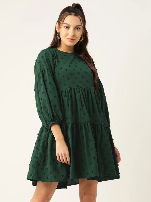 Women Georgette Puff Sleeves Tiered Dress