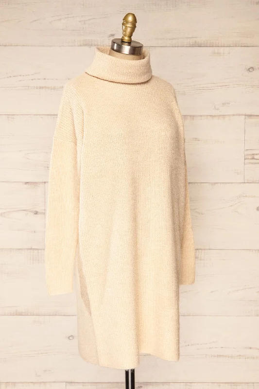 Koror Beige | Knit Turtleneck Sweater Dress