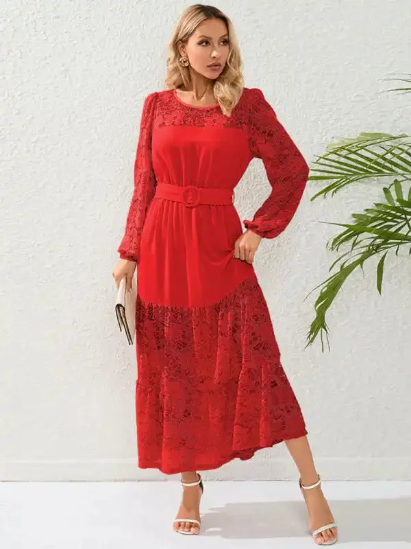 Lace French patchwork waist midi dress