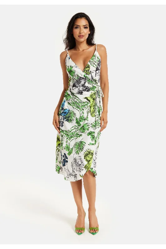 Liquorish Bird And Floral Print Midi Wrap Dress