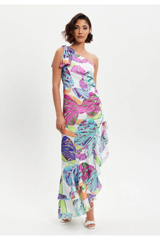 Liquorish Bow Printed One Shoulder Frill Dress