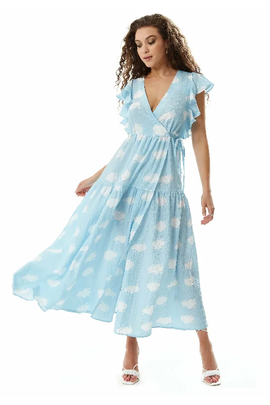 Liquorish Cloud Print Midi Wrap Dress With Frill Sleeve Blue