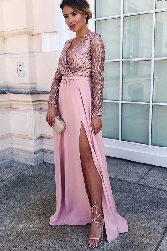 Long Sleeve A-line V-neck Floor-length Sequined Unique Long Prom Dress with Slit OKG24