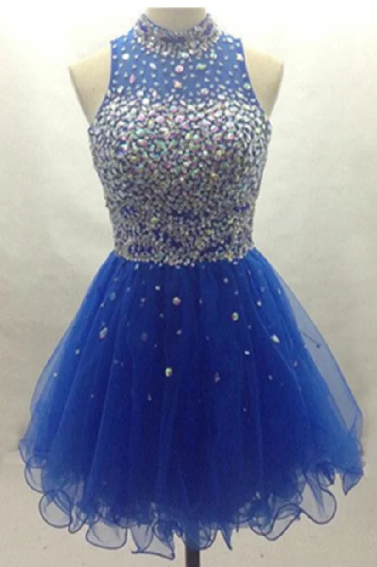 Lovely Blue Beading High Neck Tulle Pretty Charming Homecoming Dress K382