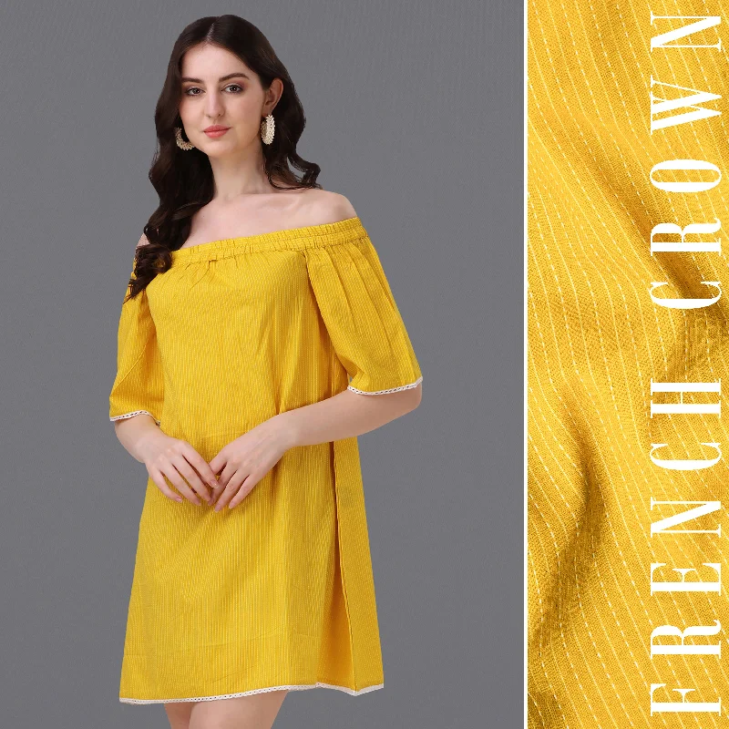 Macaroni Yellow Pinstriped Super Soft Premium Cotton Off-shoulder Dress