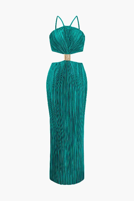 Solid Pleated Slit Maxi Dress