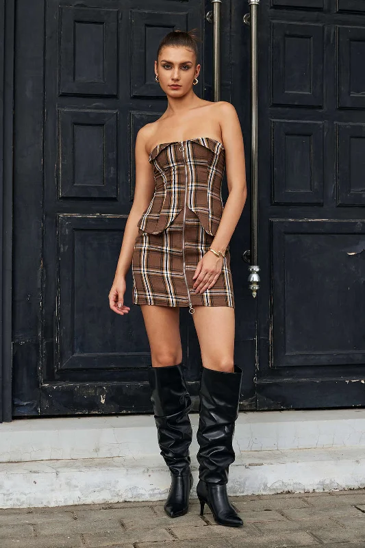 Plaid Print Zipper Strapless Mini Dress