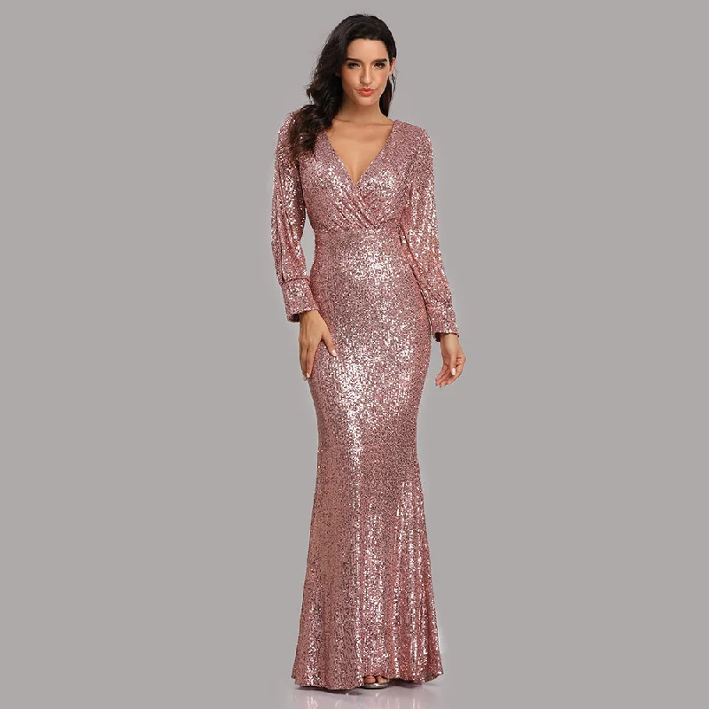 Mermaid Sequined Long Sleeves V Neck Prom Dress XU90814