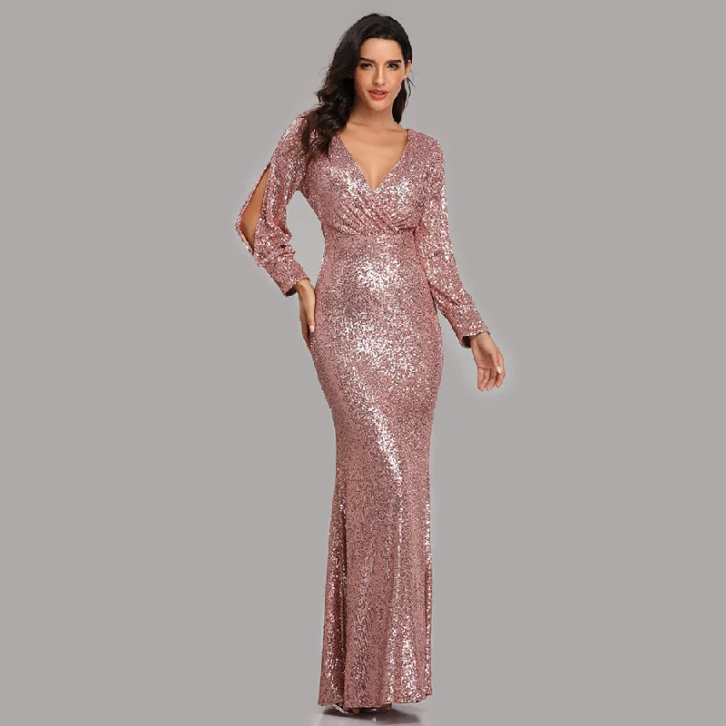 Mermaid Sequined Long Sleeves V Neck Prom Dress XU90814