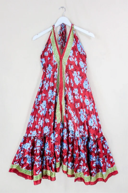 Blossom Midi Halter Dress - Cherry Red & Sky Blue Roses - Free Size XXL