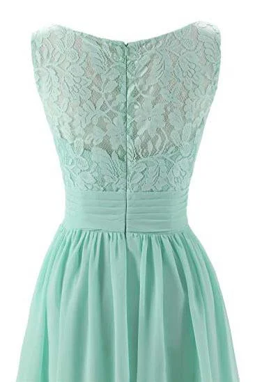 Mint Green V Neck Long Simple Pleated Bridesmaid Dresses with Lace  OKM57