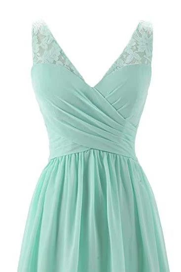 Mint Green V Neck Long Simple Pleated Bridesmaid Dresses with Lace  OKM57