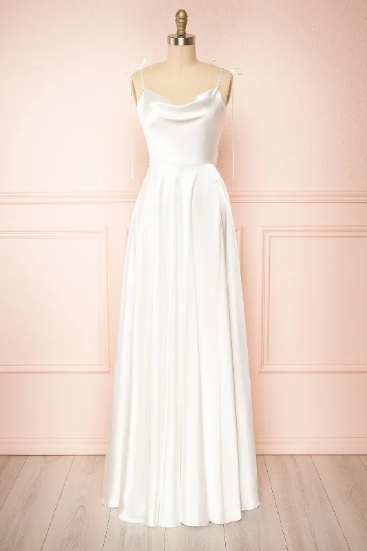 Moira Ivory | Bridal Cowl Neck Satin Gown w/ High Slit