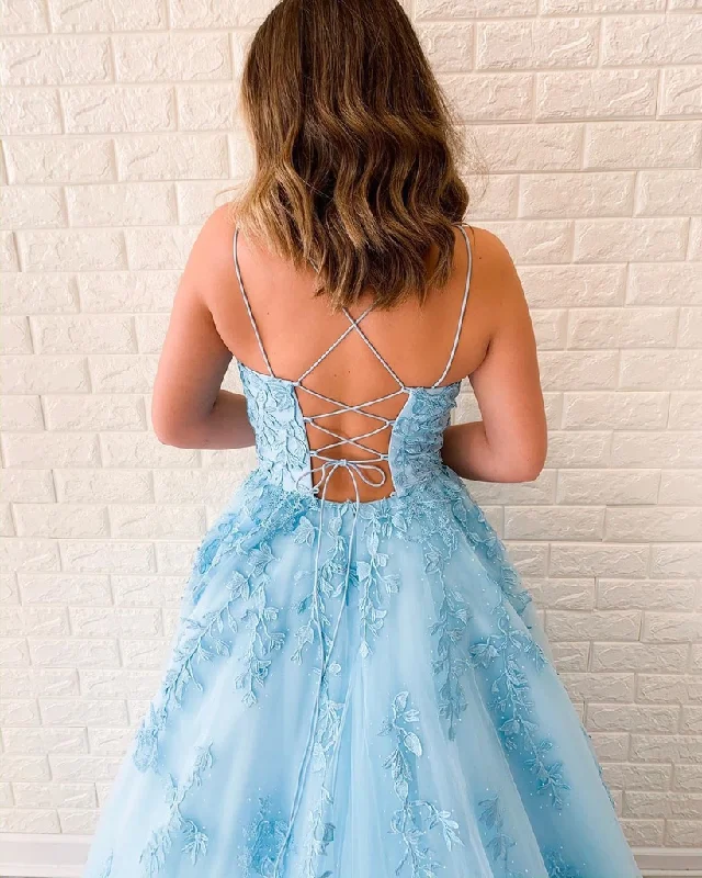 New Arrival A-line Spaghetti Straps Lace Appliques Long Blue Prom Dress OKT5