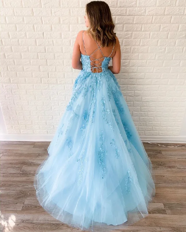 New Arrival A-line Spaghetti Straps Lace Appliques Long Blue Prom Dress OKT5