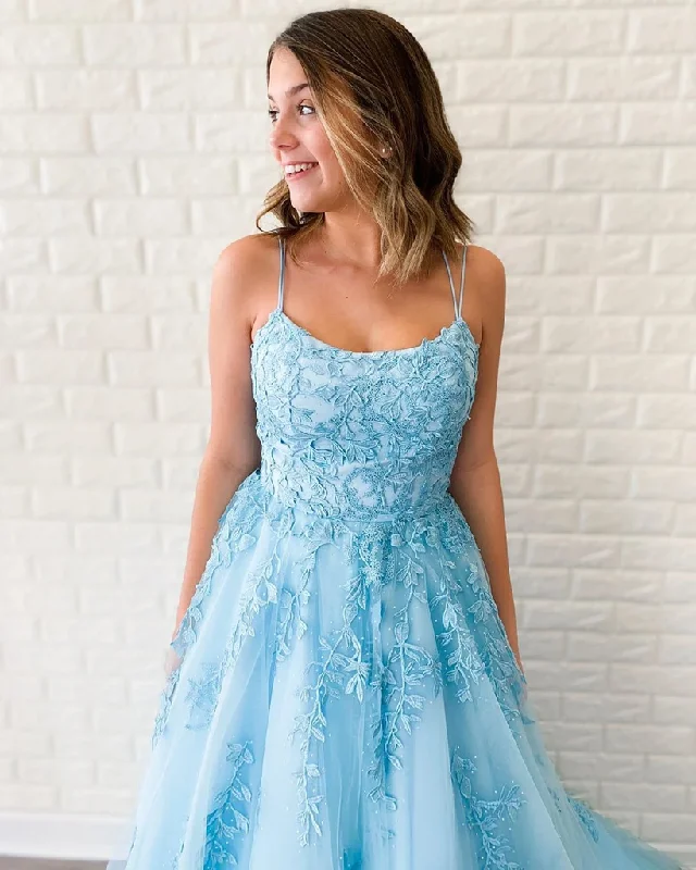 New Arrival A-line Spaghetti Straps Lace Appliques Long Blue Prom Dress OKT5