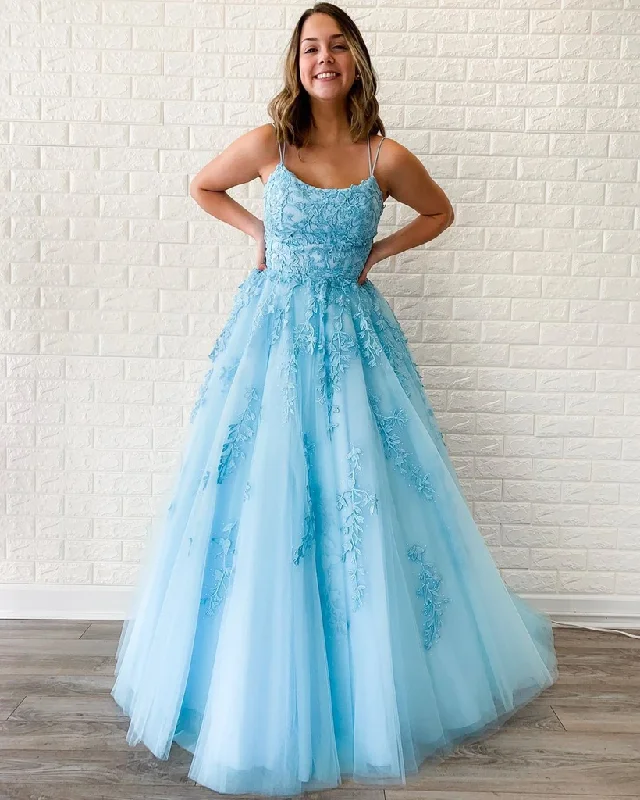 New Arrival A-line Spaghetti Straps Lace Appliques Long Blue Prom Dress OKT5