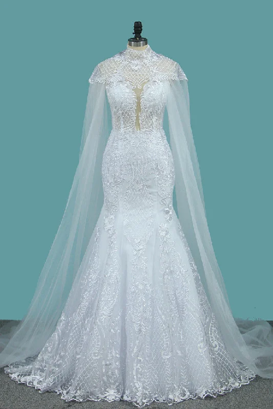 New Arrival Tulle Scoop Wedding Dresses Mermaid With Lace Appliques OKE77