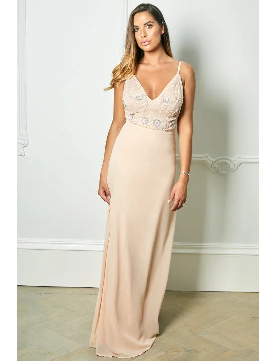 Nude Strappy Embroidered Bodice Maxi Dress