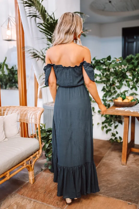 Navy High Low Dress: Off The Shoulder Button Down Maxi