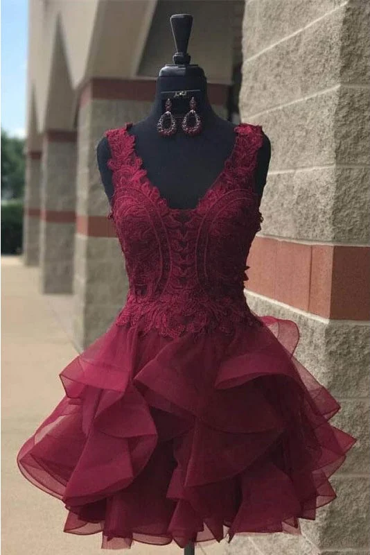 Organza Lace Short Party Dresses,Lace V Neck Prom Dress,Burgundy Homecoming Dresses OK498