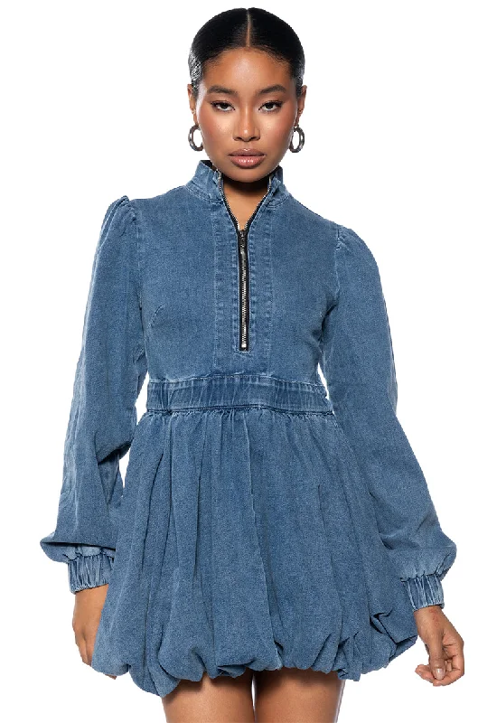 PASS THE BUBBLY DENIM MINI DRESS