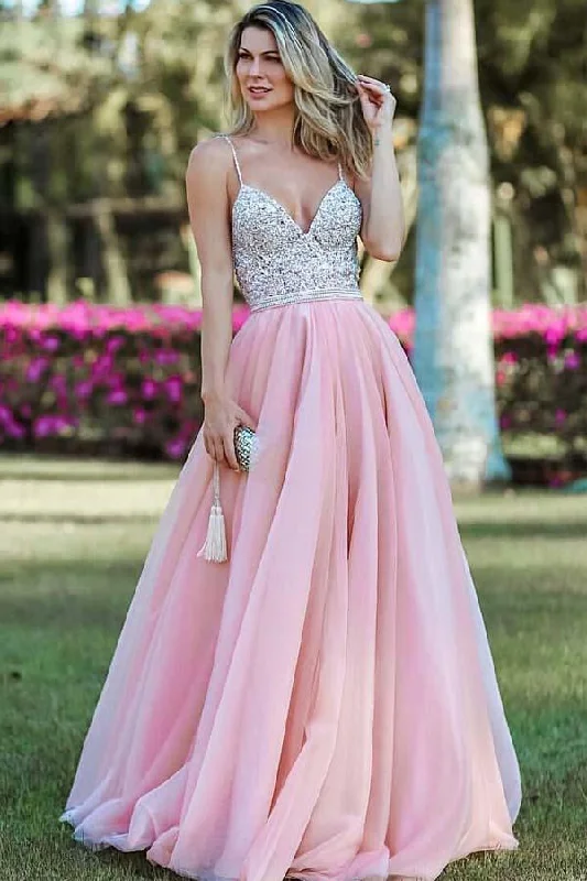 Pink A Line Spaghetti Strap Prom Dress, Backless Beaded Evening Dress OKJ59