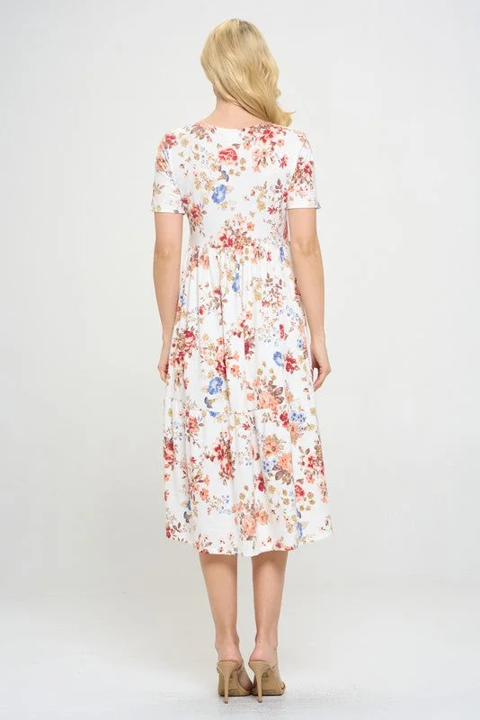 Plus Tiered Midi Dress in Ivory Floral Style 333