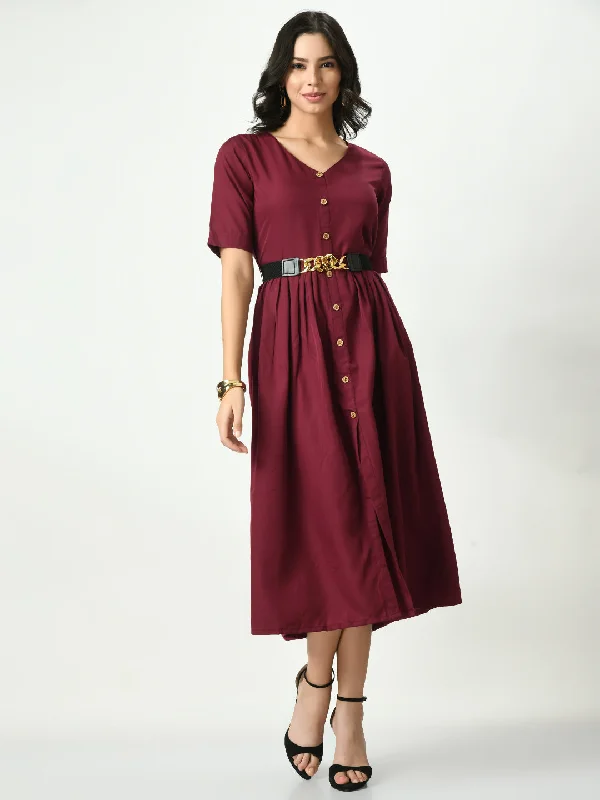 Burgundy Stylish Midi Dress For Womens