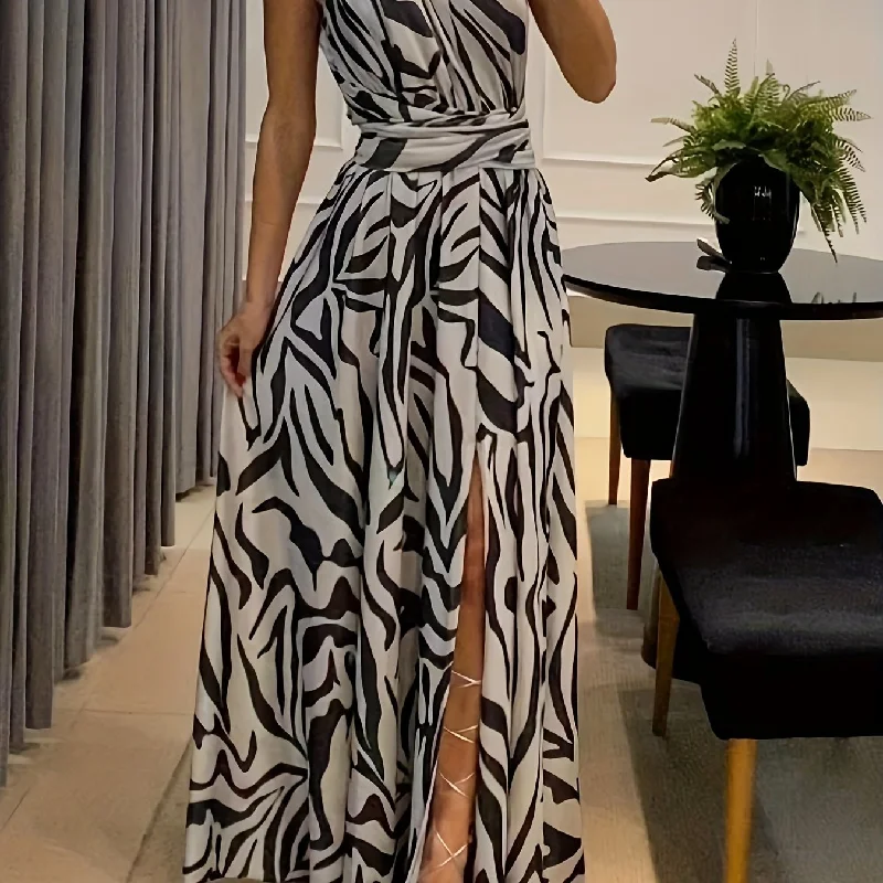 Sixsr Abstract Print One Shoulder Dress, Elegant Backless Sleeveless Maxi Dress, Women's Clothing