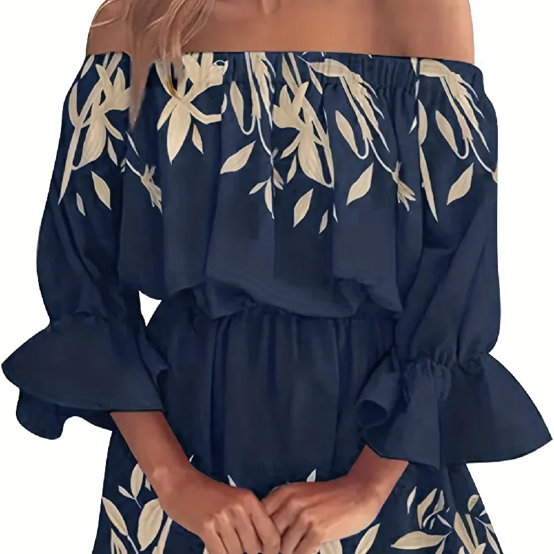 Sixsr Boho Leaf Graphic Print Off Shoulder Dress, Sexy Backless Ruffle Sleeve Dress For Spring & Summer, Women's Clothing