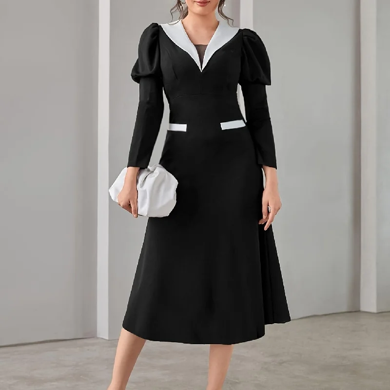 Sixsr Color Block Puff Long Sleeve Dress, Elegant V Neck Midi Dress, Women's Clothing