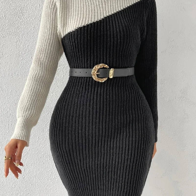 Sixsr Colorblock Turtleneck Knit Dress, Elegant Long Sleeve Dress (without Belt), Women's Clothing