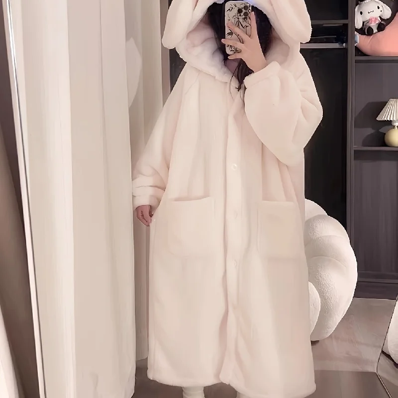 Sixsr Cute Rabbit Hooded Fleece Night Robe, Thickened Long Sleeve Button Up Robe With Pockets, Women's Sleepwear & Dresses