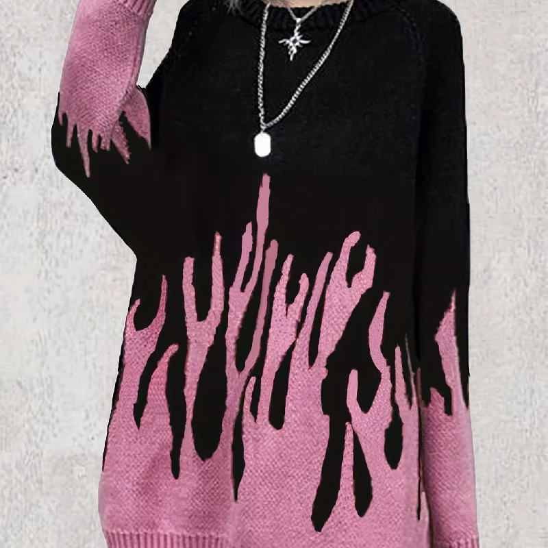 Sixsr Flame Pattern Sweater Dress, Casual Crew Neck Long Sleeve Dress, Women's Clothing