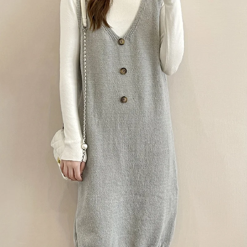 Sixsr Plunging Solid Midi Dress, Elegant Sleeveless Knitted Dress With Buttons, Women's Clothing