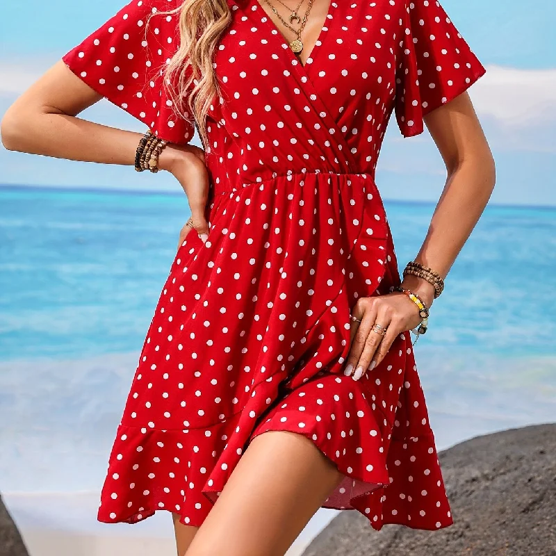 Sixsr Polka Dot Ruffle Hem Dress, Casual V Neck Short Sleeve Dress, Women's Clothing