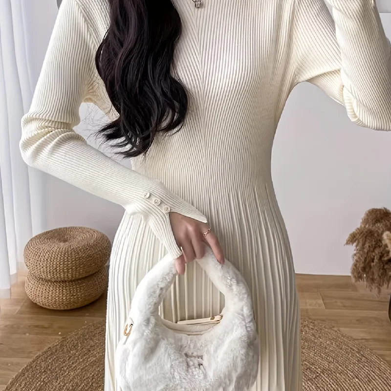 Sixsr Solid Sweater Maxi Dress, Elegant Mock Neck Long Sleeve Dress, Women's Clothing