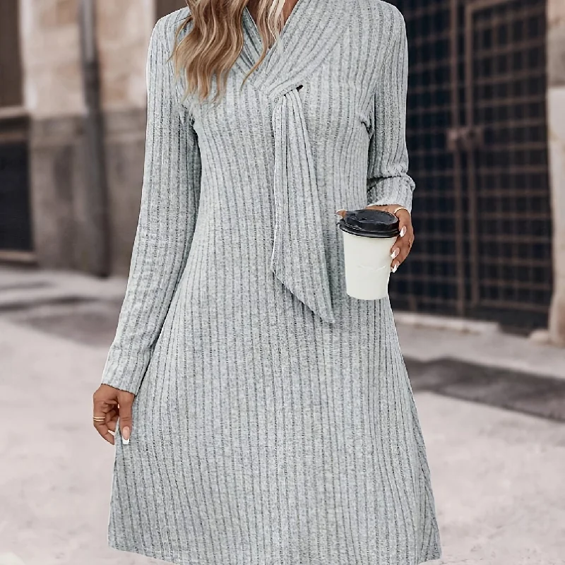 Sixsr Solid Tie Decor Aline Dress, Elegant Long Sleeve Slim Dress For Spring & Fall, Women's Clothing