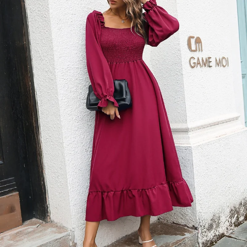 Sixsr Women's Dresses Casual Ruffled Square Neck Long Sleeve Loose Fashion Swing Dress