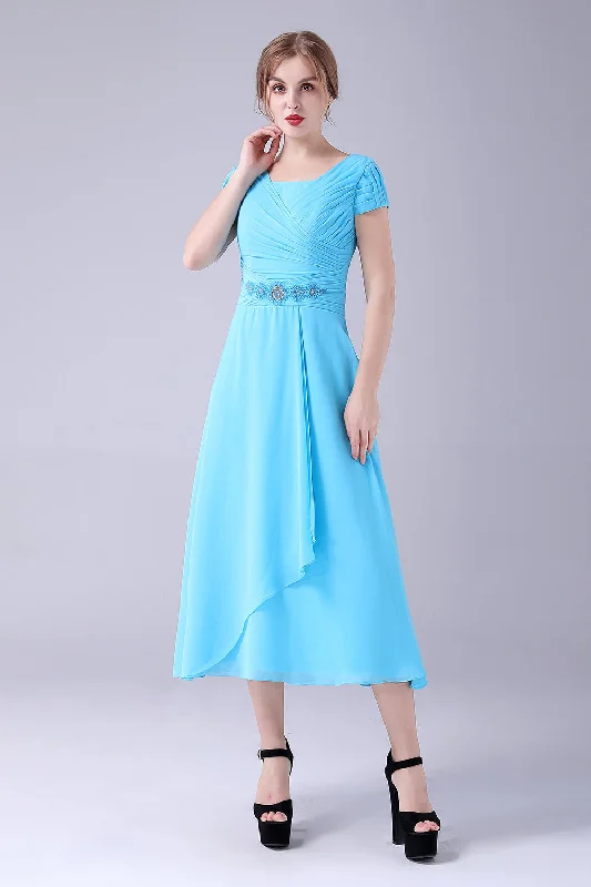 Sky Blue A-Line Square Neck Mother Of the Bride Dress With Pleated