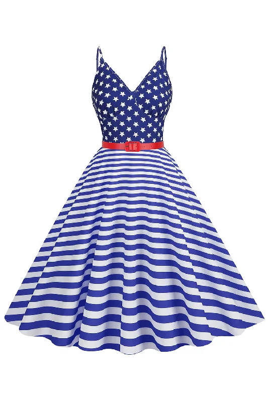 Spaghetti Straps Blue Stripe Star Vintage Dress With Belt