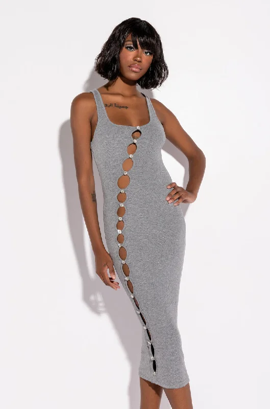 TULUM CUT OUT RHINESTONE RIBBED MIDI DRESS