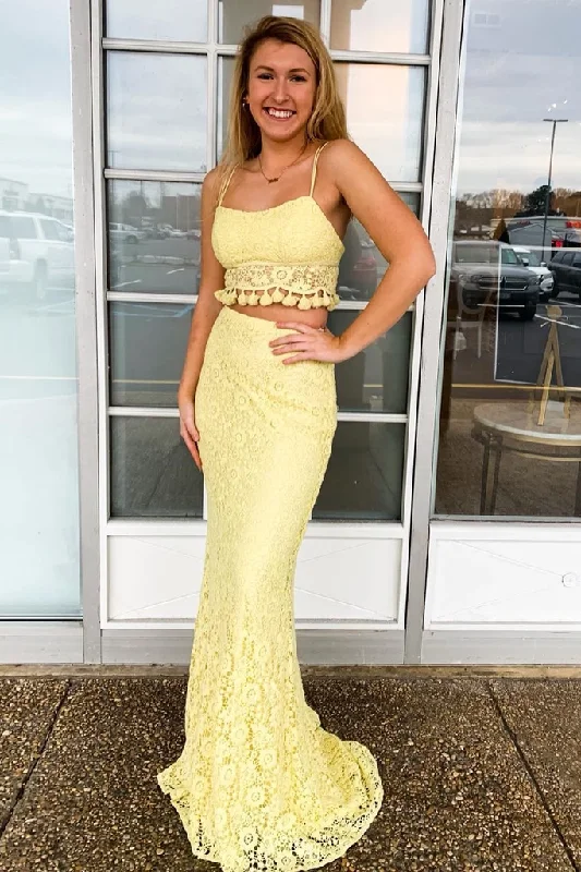 2 Pieces Spaghetti Straps Yellow Lace Long Mermaid Prom Dress OKR58