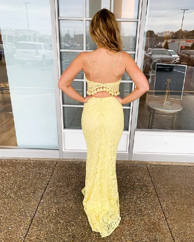 2 Pieces Spaghetti Straps Yellow Lace Long Mermaid Prom Dress OKR58