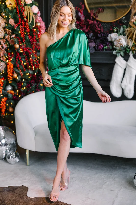 Uptown Girl Emerald Green Satin One Shoulder Dress