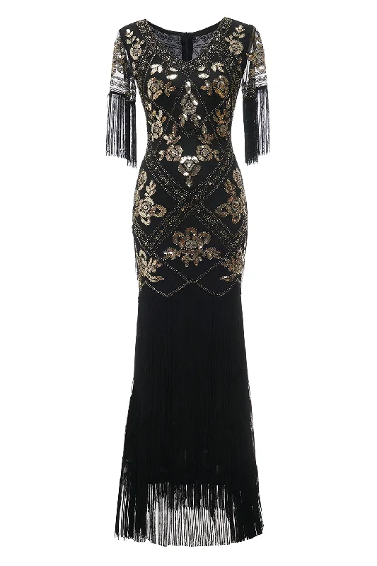 V Neck Black Long 1920s Flapper Dress with Sequins and Fringes