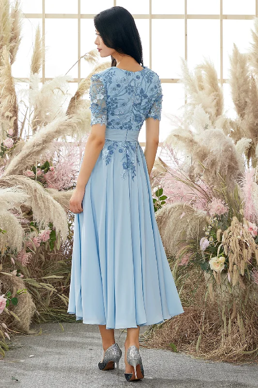 V Neck Blue Mother of Bride Dress with Appliques