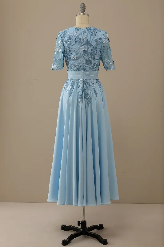 V Neck Blue Mother of Bride Dress with Appliques