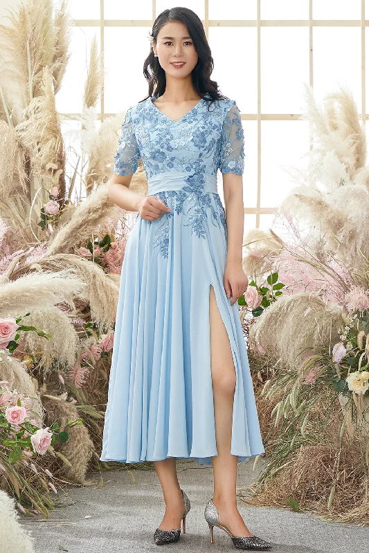 V Neck Blue Mother of Bride Dress with Appliques